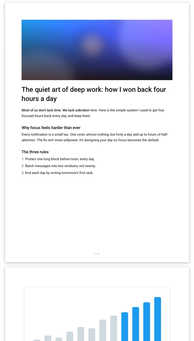 The saved PDF on iPhone: cover image, headline, body text and images