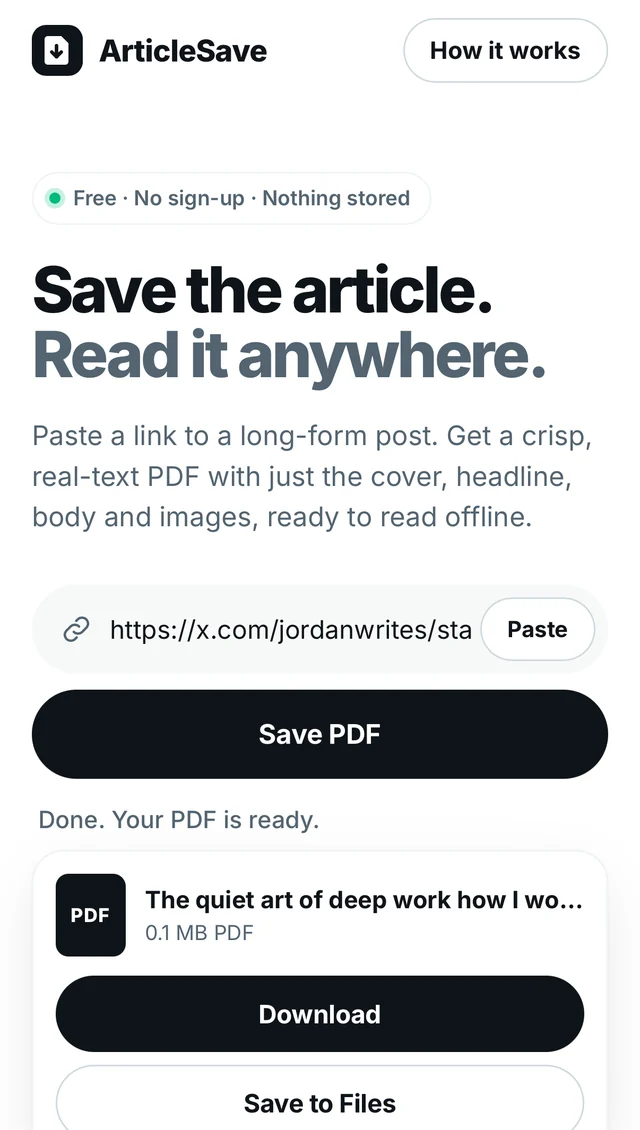 ArticleSave on iPhone: a pasted article link and a ready-to-download PDF